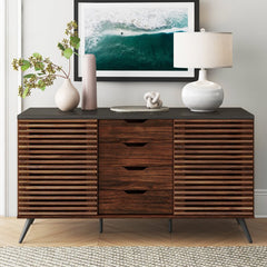 59'' Wide 4 Drawer Sideboard Slatted Sliding Doors and Drawers For A Modern Look in Your Dining Room, Living Room, Or Home Office
