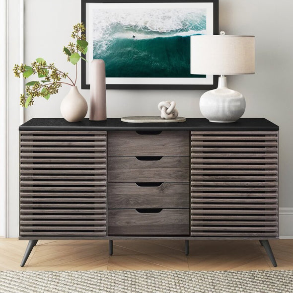 Slate Gray 59'' Wide 4 Drawer Sideboard Slatted Sliding Doors And Drawers For A Modern Look in Your Dining Room, Living Room, Or Home Office