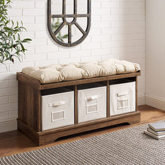Rustic Oak Bucyrus Upholstered Cubby Storage Bench