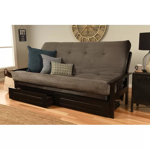 Suede Grey Burin Queen 86'' Wide Futon And Mattress with Storage