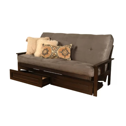 Suede Grey Burin Queen 86'' Wide Futon And Mattress with Storage