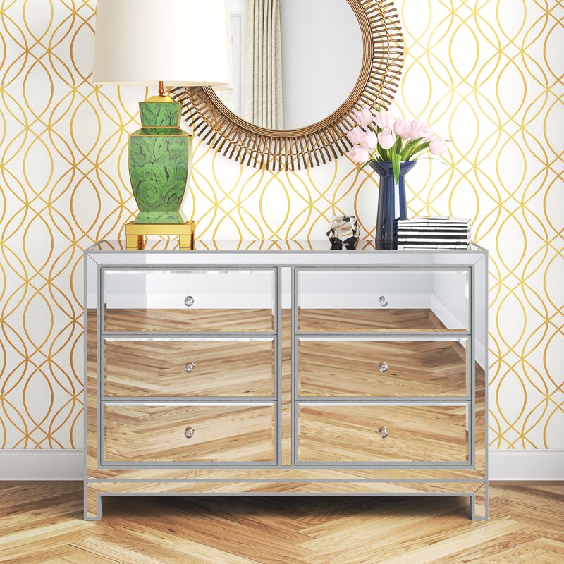 Antique Silver Cain 6 Drawer 48'' W Double Dresser Mirrored Paneling