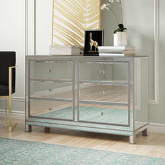 Antique Silver Cain 6 Drawer 48'' W Double Dresser Mirrored Paneling
