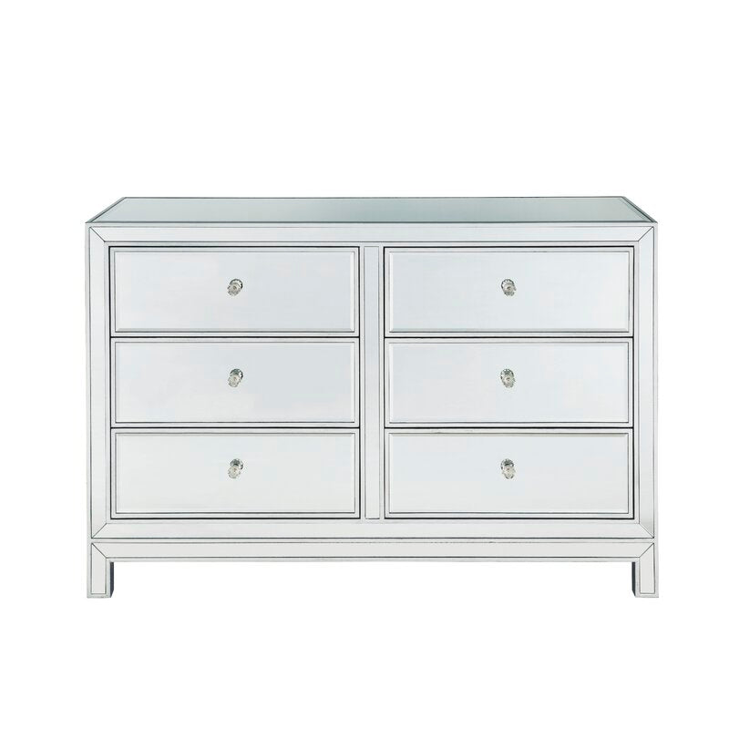 Antique Silver Cain 6 Drawer 48'' W Double Dresser Mirrored Paneling