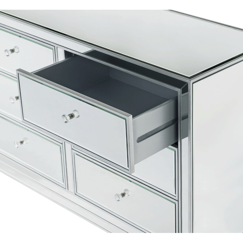 Antique Silver Cain 6 Drawer 48'' W Double Dresser Mirrored Paneling