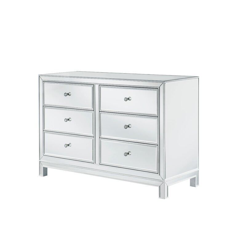 Antique Silver Cain 6 Drawer 48'' W Double Dresser Mirrored Paneling