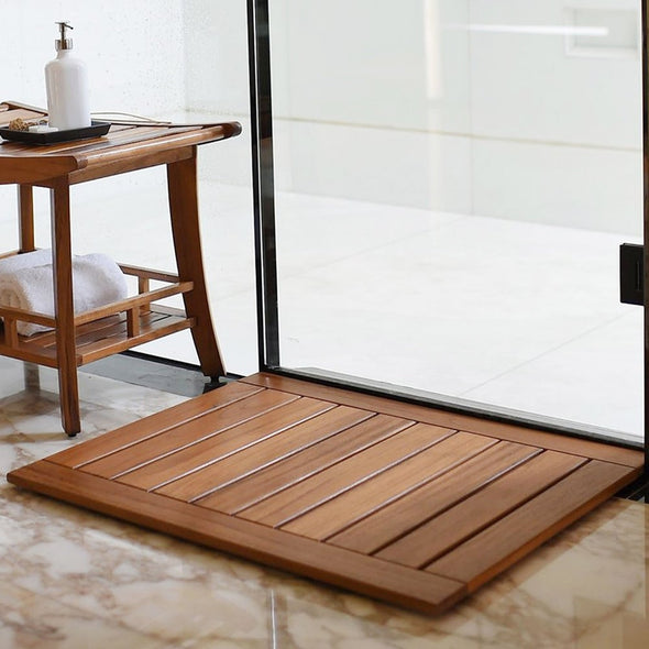 Spa Teak Mat High-End and Attractive Teak Mat Will Add A Bit of Spa Luxury and Style to your Bathroom. The Mat has Anti-Slip Rubber Pads