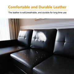 Black Faux Leather Campbelltown 78.5" Wide Faux Leather Reversible Sofa & Chaise with Ottoman