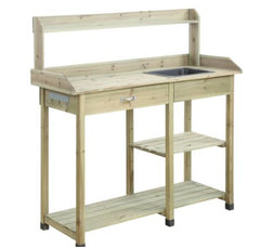 Potting Bench - Natural Fir Get your Gardening Supplies Organized with this Deluxe Potting Bench Drawer and Open Shelves to Meet your Storage Needs