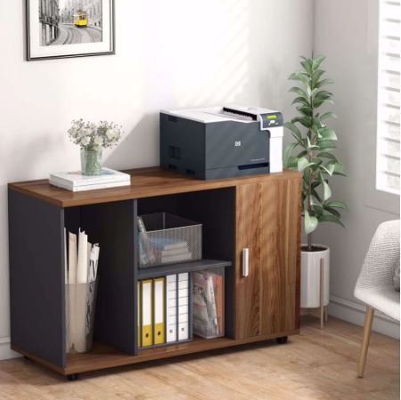 39 inches File Cabinet, Office Storage Cabinet with Wheels 2-Tier Smaller Shelves, a Large Size Shelf and 2 Tier Storage Space Behind the Doors