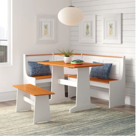 Farmhouse Breakfast Nook Dining Set - White/Pine Space-Efficient Corner Bench that Has Hidden Storage Under the Seat, A Dining Table, and A Side Bench
