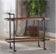 Modern Industrial 2-Tier Wood Bar Cart with Wheels - 38.00” W x 16.10” D x 33.00” H - Walnut