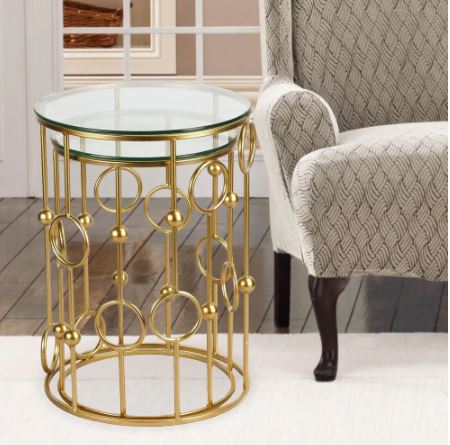 Set of 2 Patio Accent Metal Nesting Postmodernism Golden Side End Tea Coffee Tables