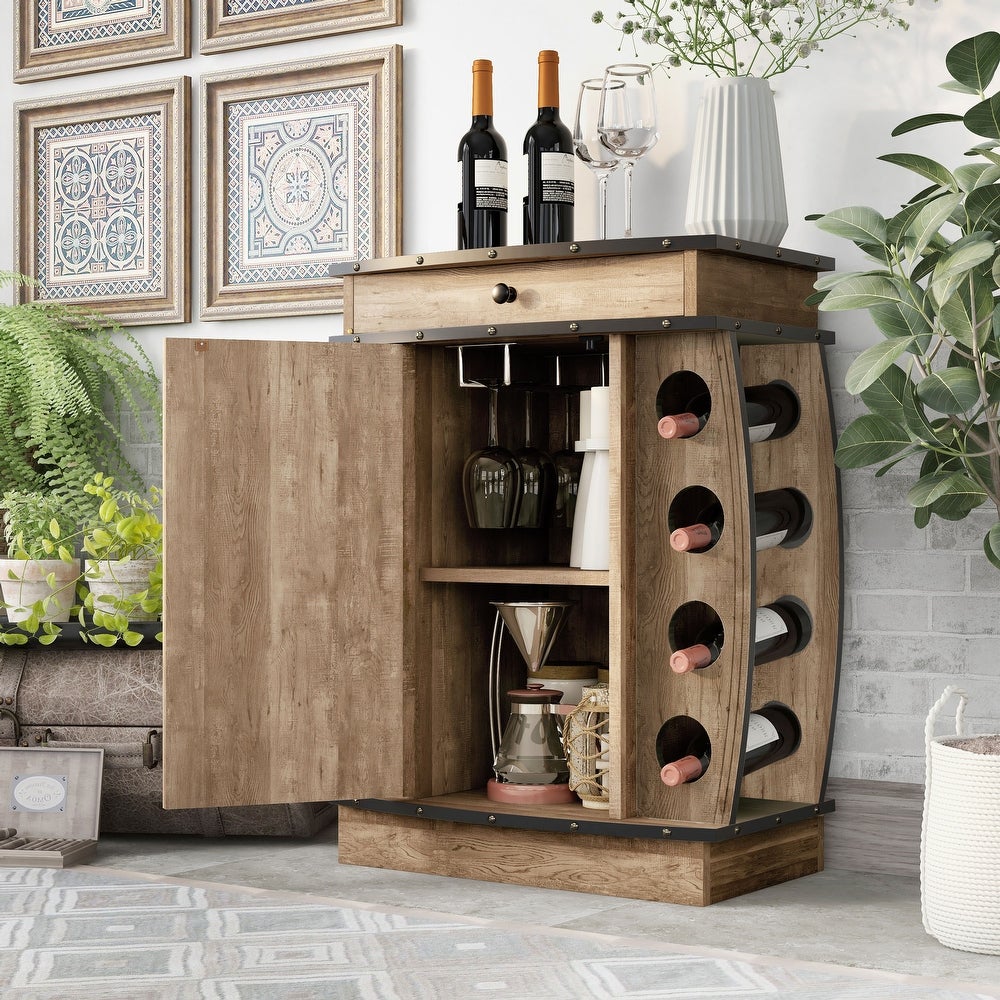Avital Rustic Reclaimed Oak Finish Multi-storage Bar Cabinet Wine Bottle Rack Holds 4 Bottles 1 Drawer 1 Cabinet with 2 Shelves