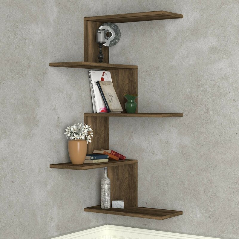 Walnut 5 Tier Corner Shelf Perfect for Organizing at Home or Office