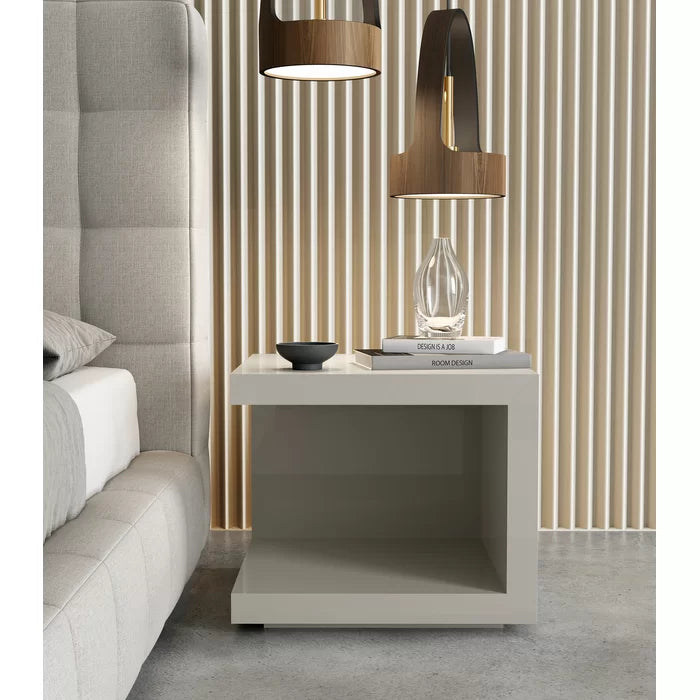 Glossy Chateau Gray Carlina 17'' Tall Nightstand Classy and Modern