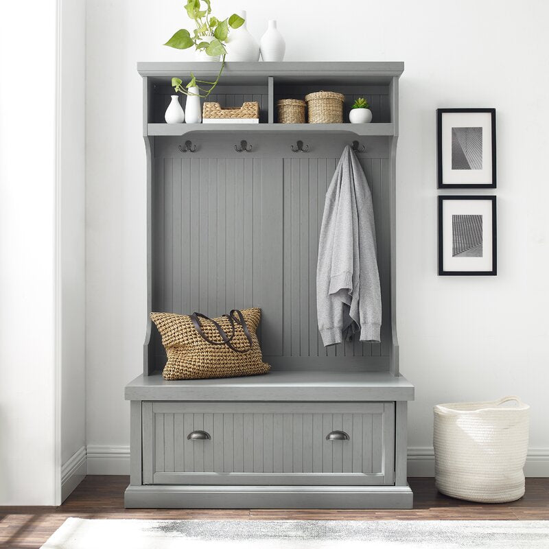 Gray 40'' Wide Pine Solid Wood Hall Tree with Bench and Shoe Storage Organizer, Hall Trees Are A Versatile Touch for your Entryway