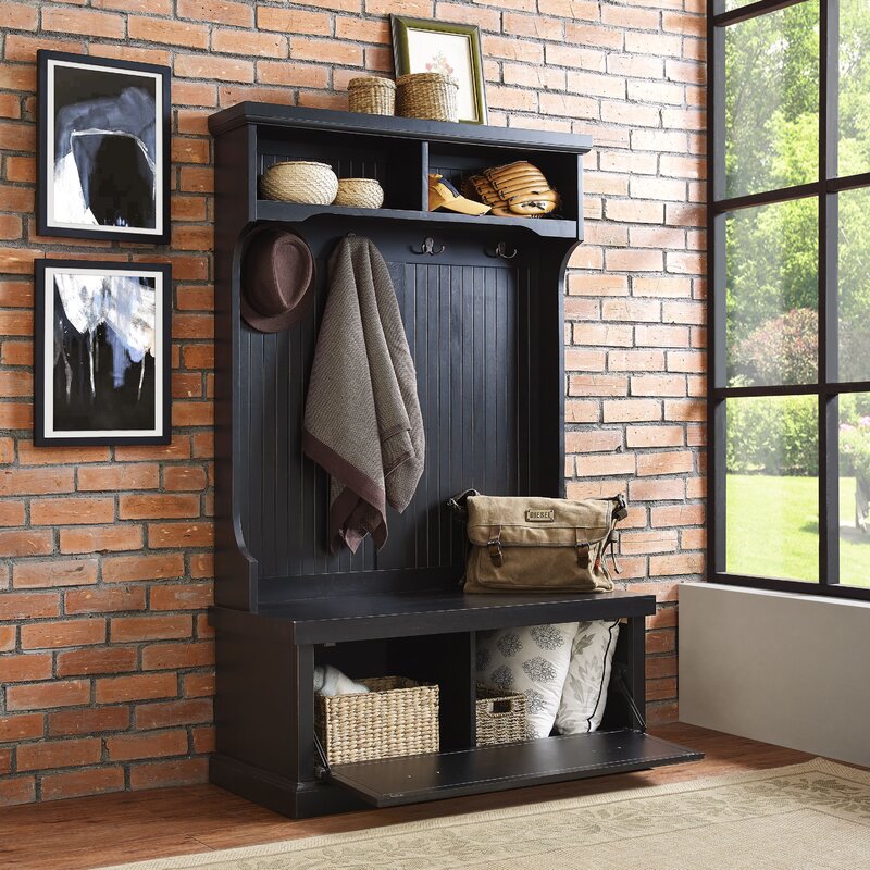 Distressed Black 40'' Wide Pine Solid Wood Hall Tree with Bench and Shoe Storage Organizer, Hall Trees Are A Versatile Touch for your Entryway