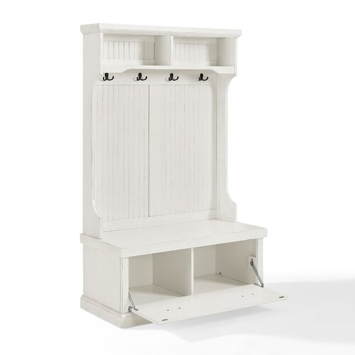 40'' Wide Pine Solid Wood Hall Tree with Bench and Shoe Storage Four Hooks, Two Open Cubbies, and A Lower Drawer