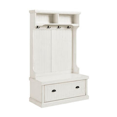 40'' Wide Pine Solid Wood Hall Tree with Bench and Shoe Storage Four Hooks, Two Open Cubbies, and A Lower Drawer
