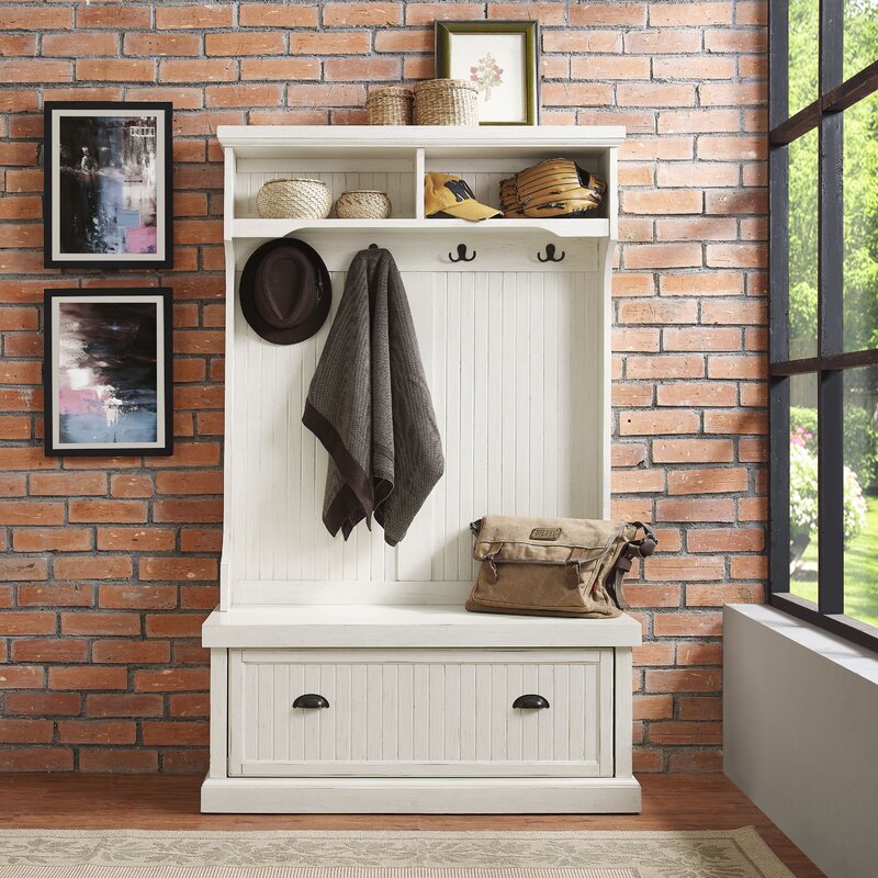 Distressed White 40'' Wide Pine Solid Wood Hall Tree with Bench and Shoe Storage Organizer, Hall Trees Are A Versatile Touch