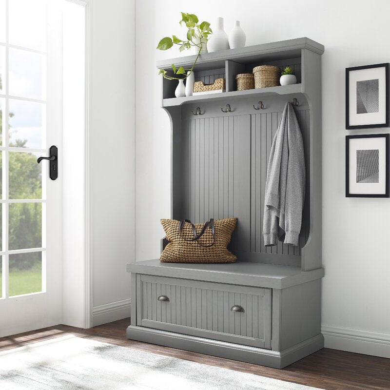 Gray 40'' Wide Pine Solid Wood Hall Tree with Bench and Shoe Storage Organizer, Hall Trees Are A Versatile Touch for your Entryway