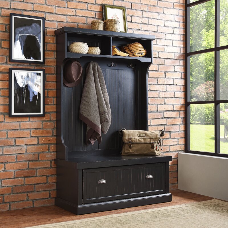 Distressed Black 40'' Wide Pine Solid Wood Hall Tree with Bench and Shoe Storage Organizer, Hall Trees Are A Versatile Touch for your Entryway