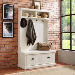 Distressed White 40'' Wide Pine Solid Wood Hall Tree with Bench and Shoe Storage Organizer, Hall Trees Are A Versatile Touch