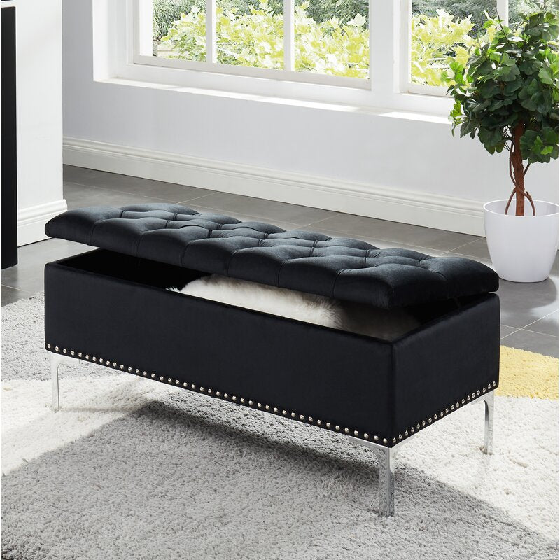 Black Barrie Upholstered Flip Top Storage Bench Stylish Storage Bench in Upholstered Velvet with Metal Legs and Nail Head Trim