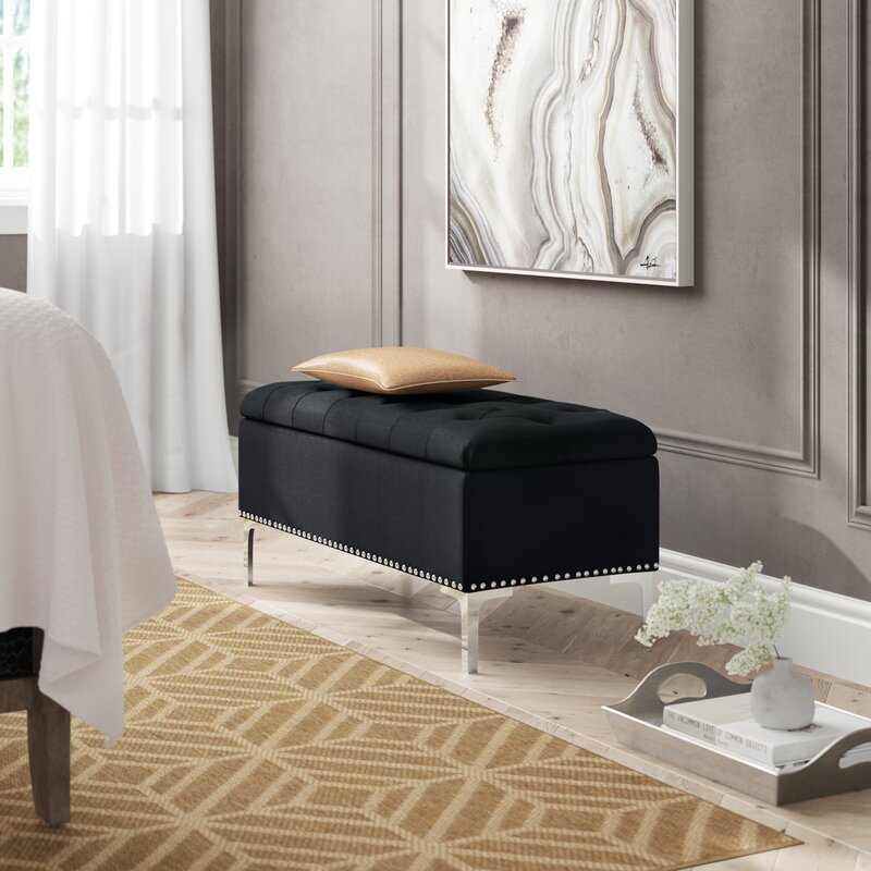 Black Barrie Upholstered Flip Top Storage Bench Stylish Storage Bench in Upholstered Velvet with Metal Legs and Nail Head Trim