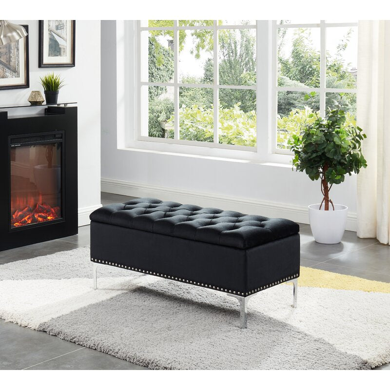 Black Barrie Upholstered Flip Top Storage Bench Stylish Storage Bench in Upholstered Velvet with Metal Legs and Nail Head Trim