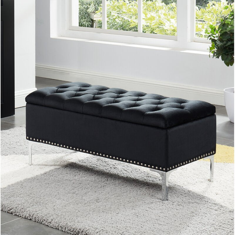 Black Barrie Upholstered Flip Top Storage Bench Stylish Storage Bench in Upholstered Velvet with Metal Legs and Nail Head Trim