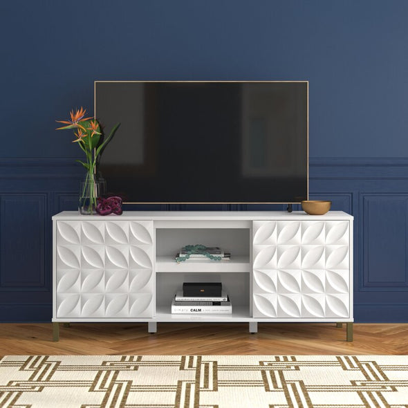 White TV Stand for TVs up to 65" Two Central Open Shelves Give you A Place to Display Decorative Items