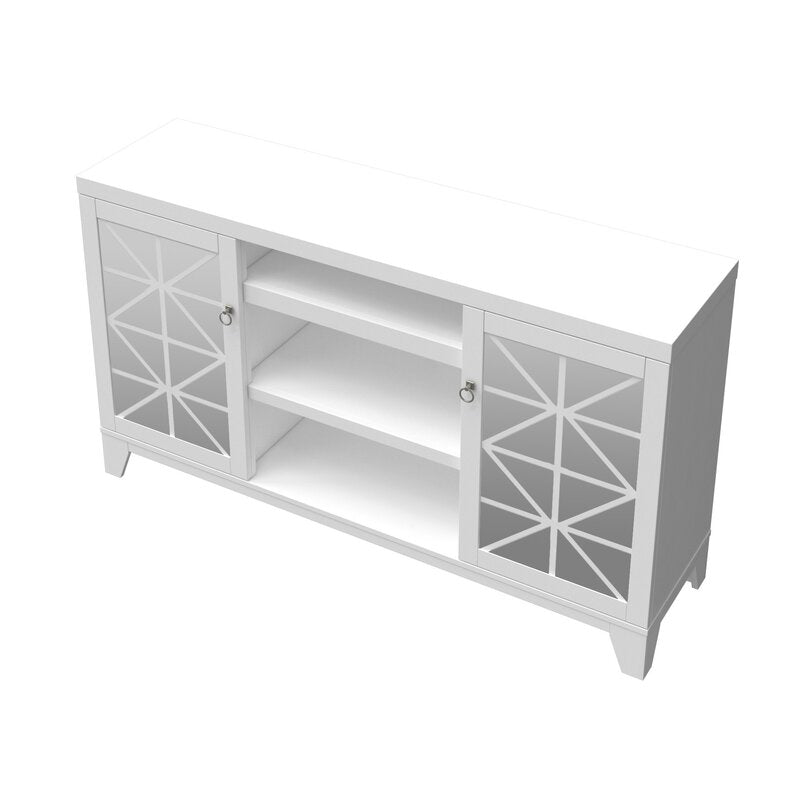 White TV Stand for TVs up to 65" Two Doors with Geometric Patterns