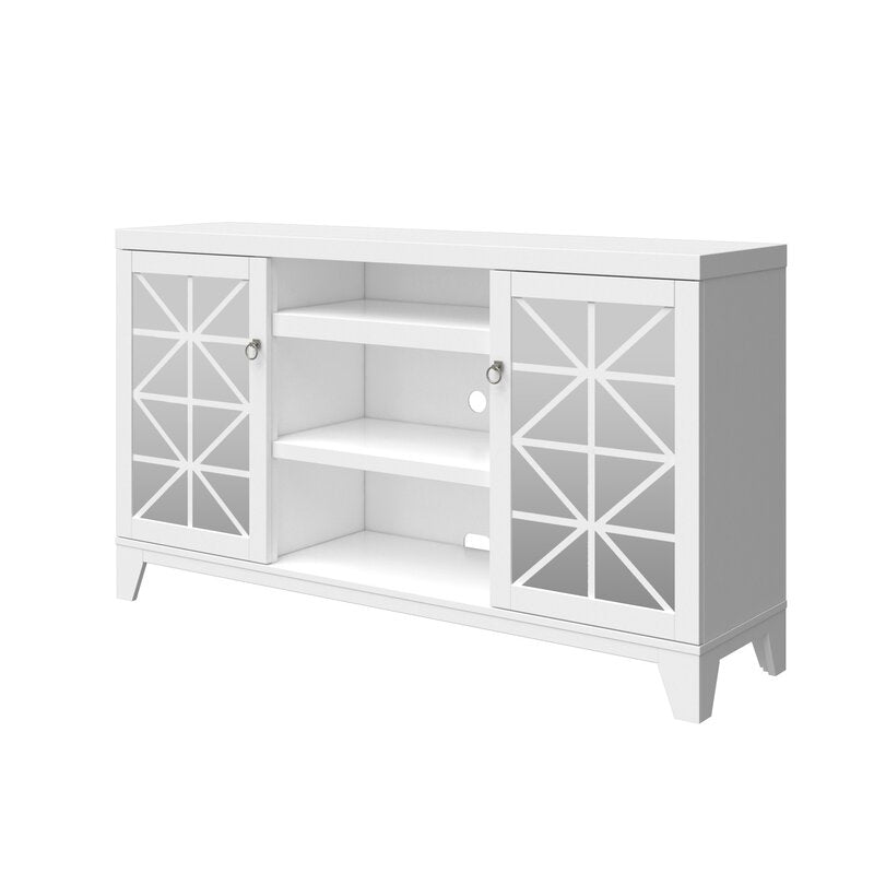 White TV Stand for TVs up to 65" Two Doors with Geometric Patterns