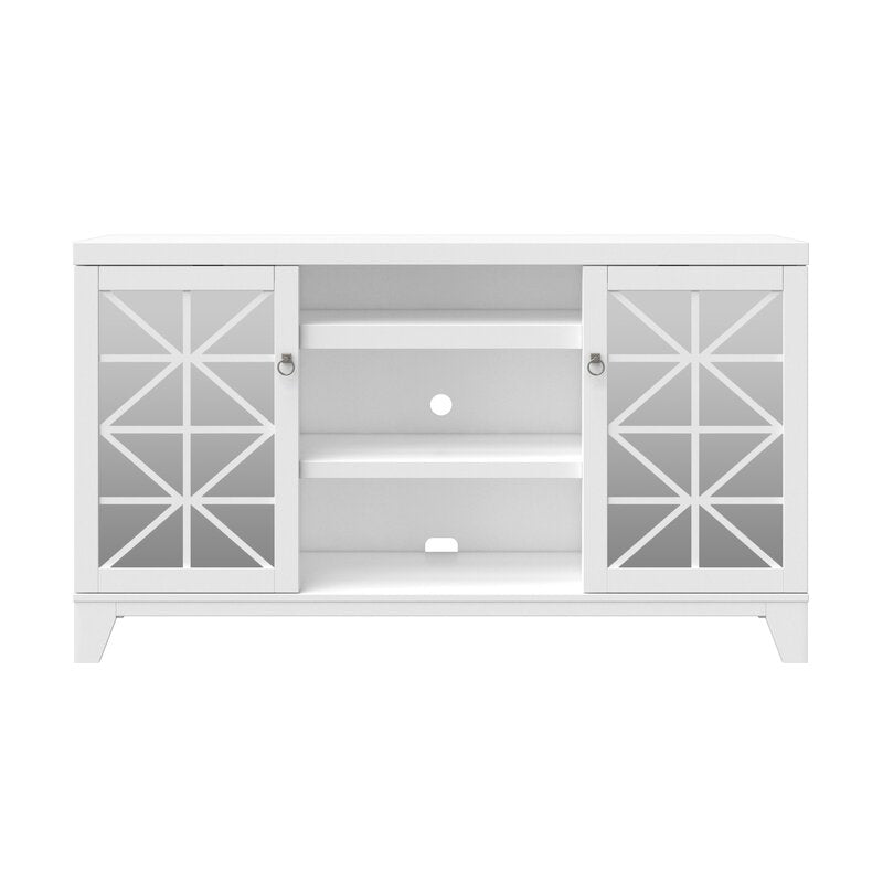 White TV Stand for TVs up to 65" Two Doors with Geometric Patterns