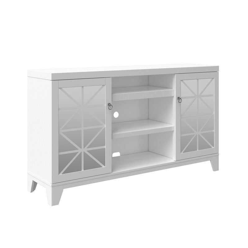 White TV Stand for TVs up to 65" Two Doors with Geometric Patterns