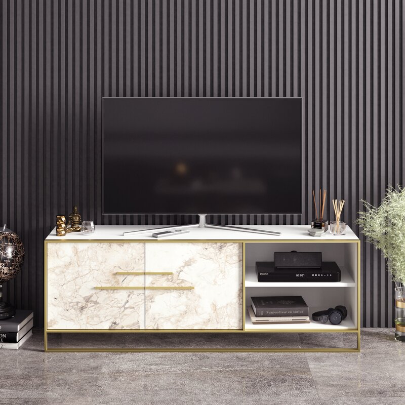 White TV Stand for TVs up to 70" Two Cabinet Doors Open with Elegant Metal Handles to Reveal An Interior Space with A Shelf for Storing DVDs and Games