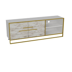 White TV Stand for TVs up to 70" Two Cabinet Doors Open with Elegant Metal Handles to Reveal An Interior Space with A Shelf for Storing DVDs and Games