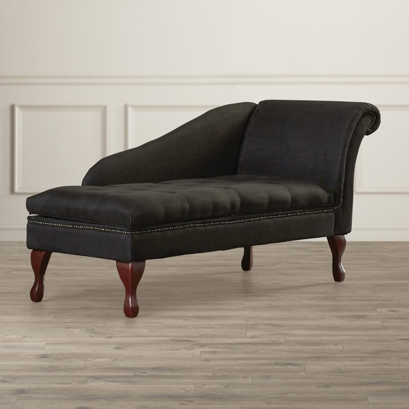 Black Microfiber. Tufted Right Arm Chaise Lounge with Storage Single Rolled Arm and A Sloping Back Along One Half Hidden Compartment