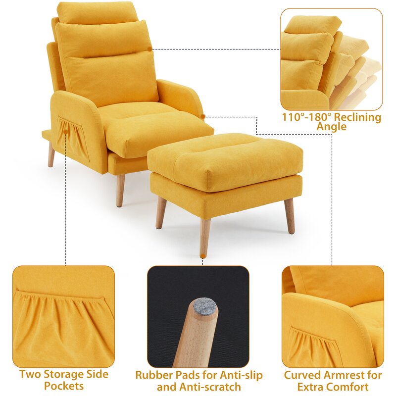 Yellow Linen 55.53 Wide Tufted Linen Lounge Chair and Ottoman
