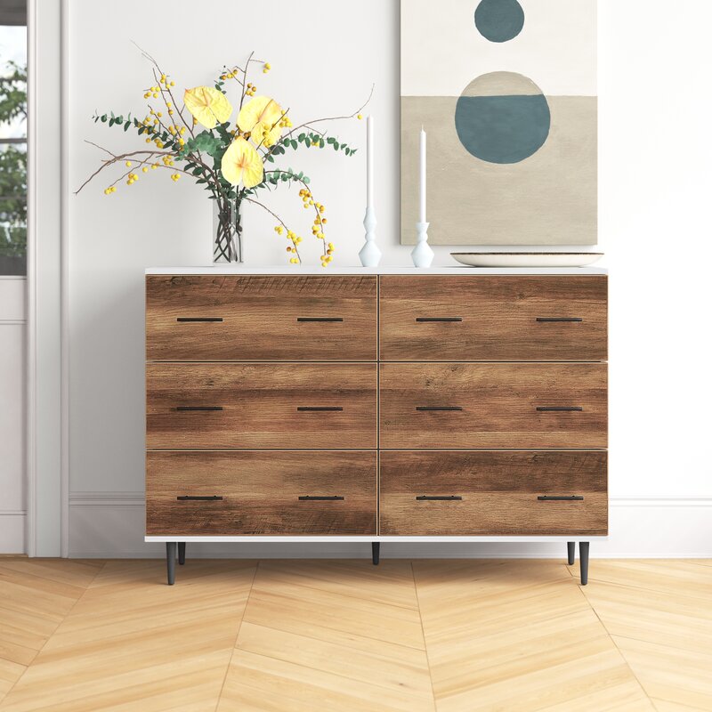 White Rustic Oak Catt 52'' Wide 6 Drawer Sideboard