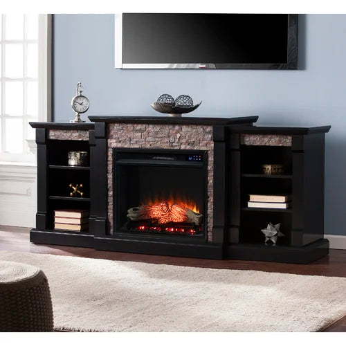 Satin Black/Black Ceonna 71.75'' W Electric Fireplace Glowing Faux Fire Logs Add Ambiance with Flickering LED Flames