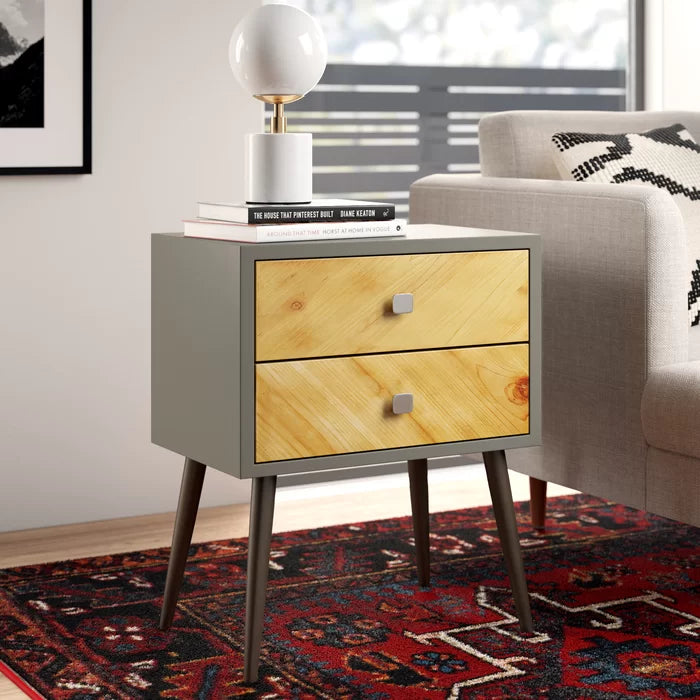Charly 24'' Tall 2 - Drawer Solid Wood Nightstand in Gray/Yellow/Brown