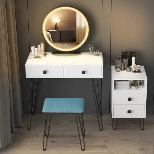 White Cheneyville Vanity Set with Stool and Mirror Built-in Temperature LED Light
