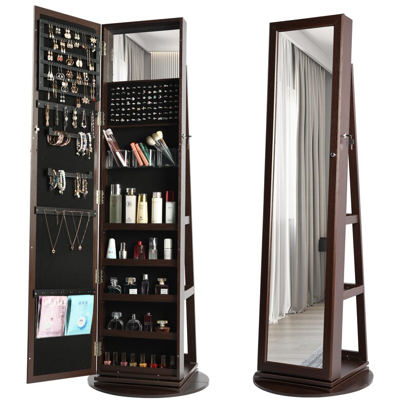 Brown 14.5'' Wide Jewelry Armoire with Mirror Rotate 360 Degrees and Has 3 Shelves