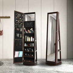 Brown 14.5'' Wide Jewelry Armoire with Mirror Rotate 360 Degrees and Has 3 Shelves
