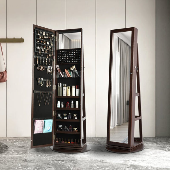 Brown 14.5'' Wide Jewelry Armoire with Mirror Rotate 360 Degrees and Has 3 Shelves