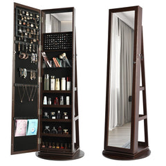 Brown 14.5'' Wide Jewelry Armoire with Mirror Rotate 360 Degrees and Has 3 Shelves