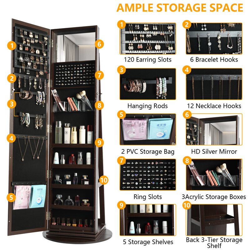 Brown 14.5'' Wide Jewelry Armoire with Mirror Rotate 360 Degrees and Has 3 Shelves